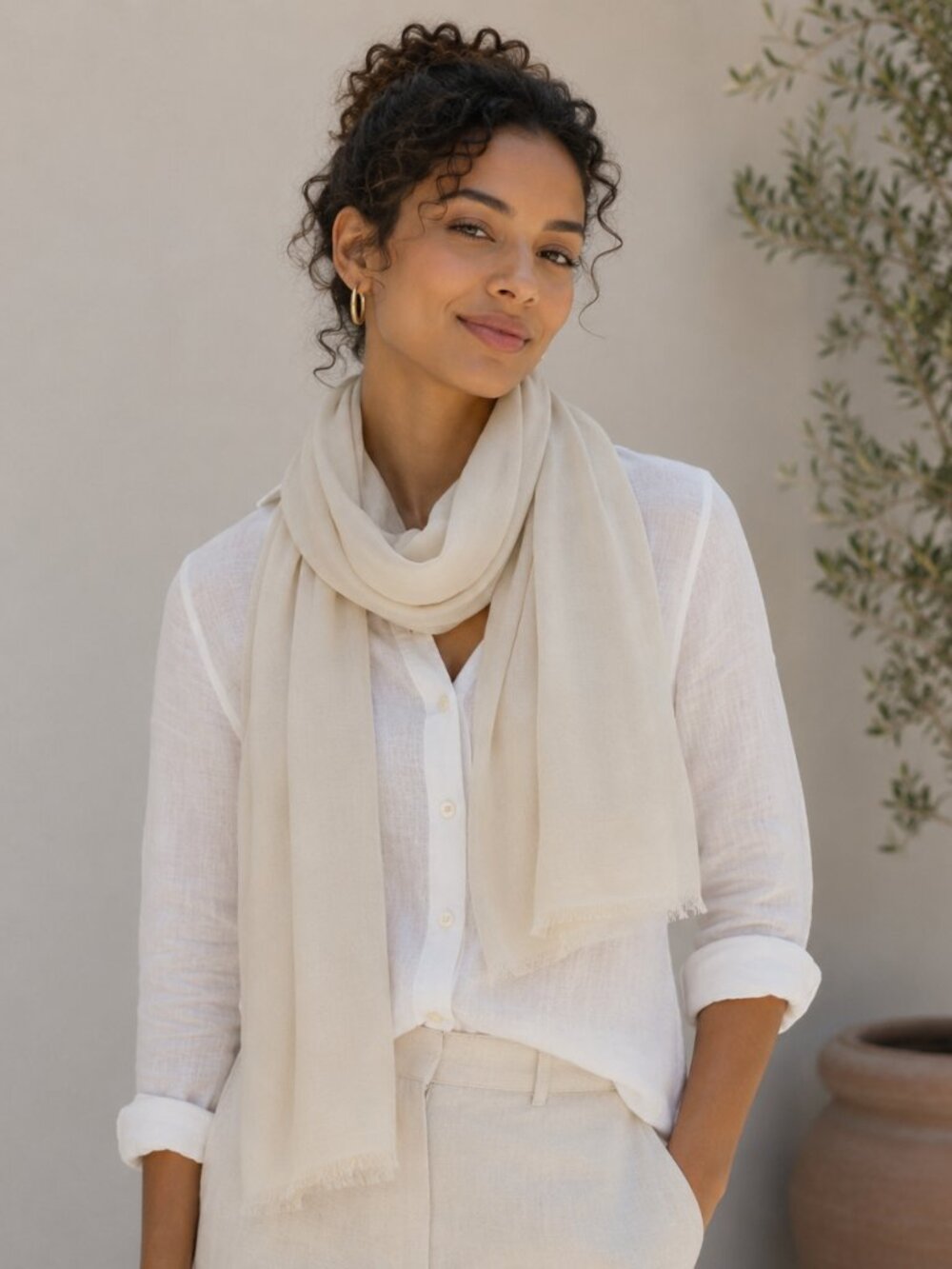 Solid Cream Silk Blend Scarf Lightweight Wrap Eyelash Fringe Scarf NEW